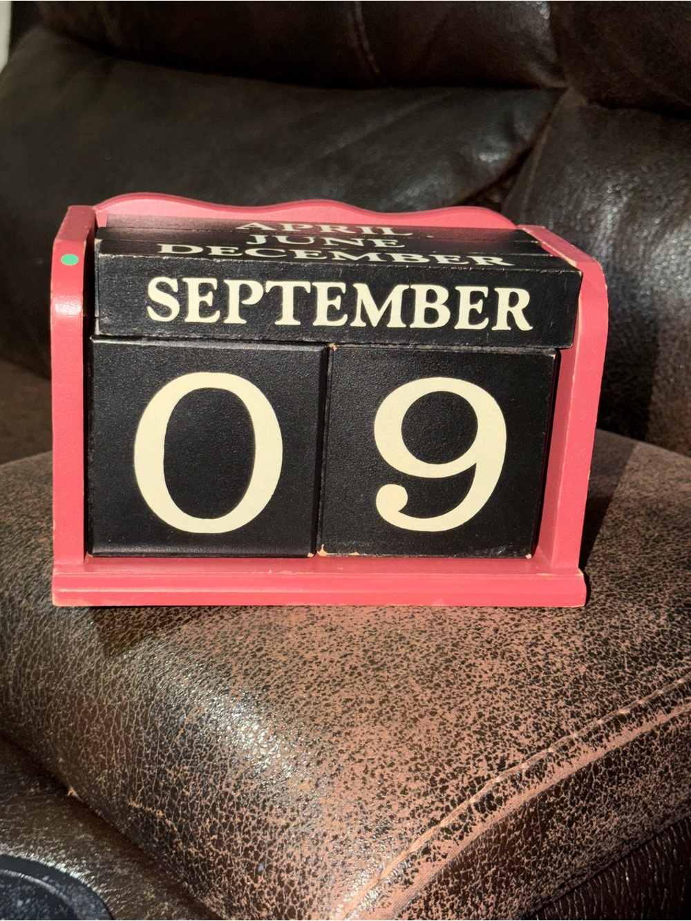 Wood Perpetual Block Calendar Desktop Decor Black Blocks Red Frame